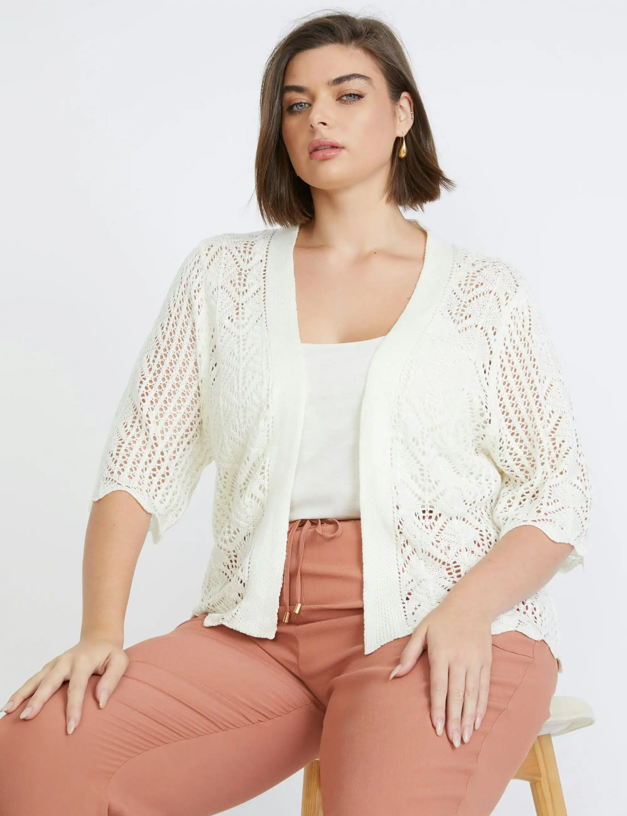 beme Elbow Sleeve Scalloped Hem Bolero Top