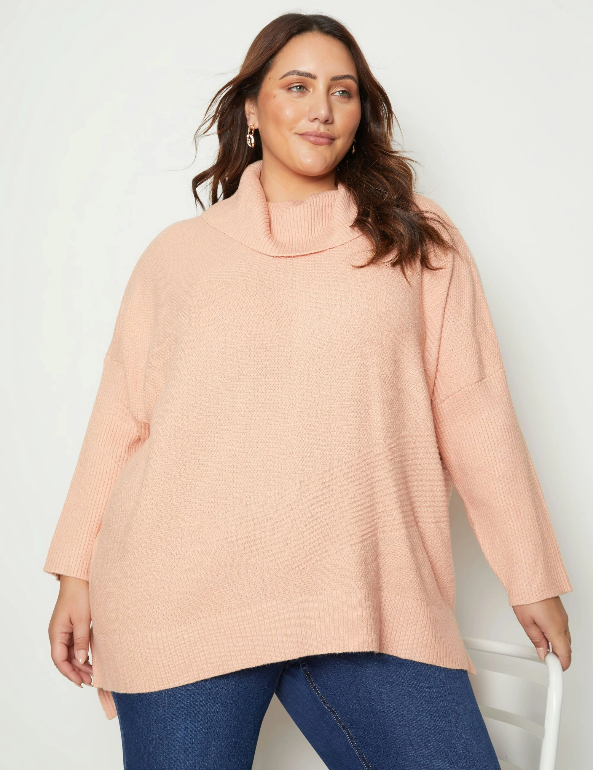 beme Long Sleeve Cowl Neck Side Split Knitwear Top (Apricot)