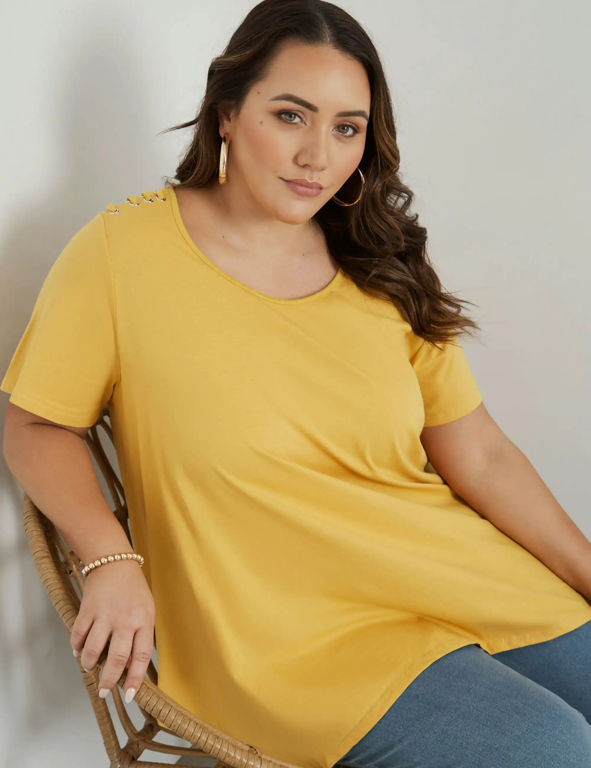 beme Short Sleeve Knitwear Eyelet Detail Top (Mustard Onl)