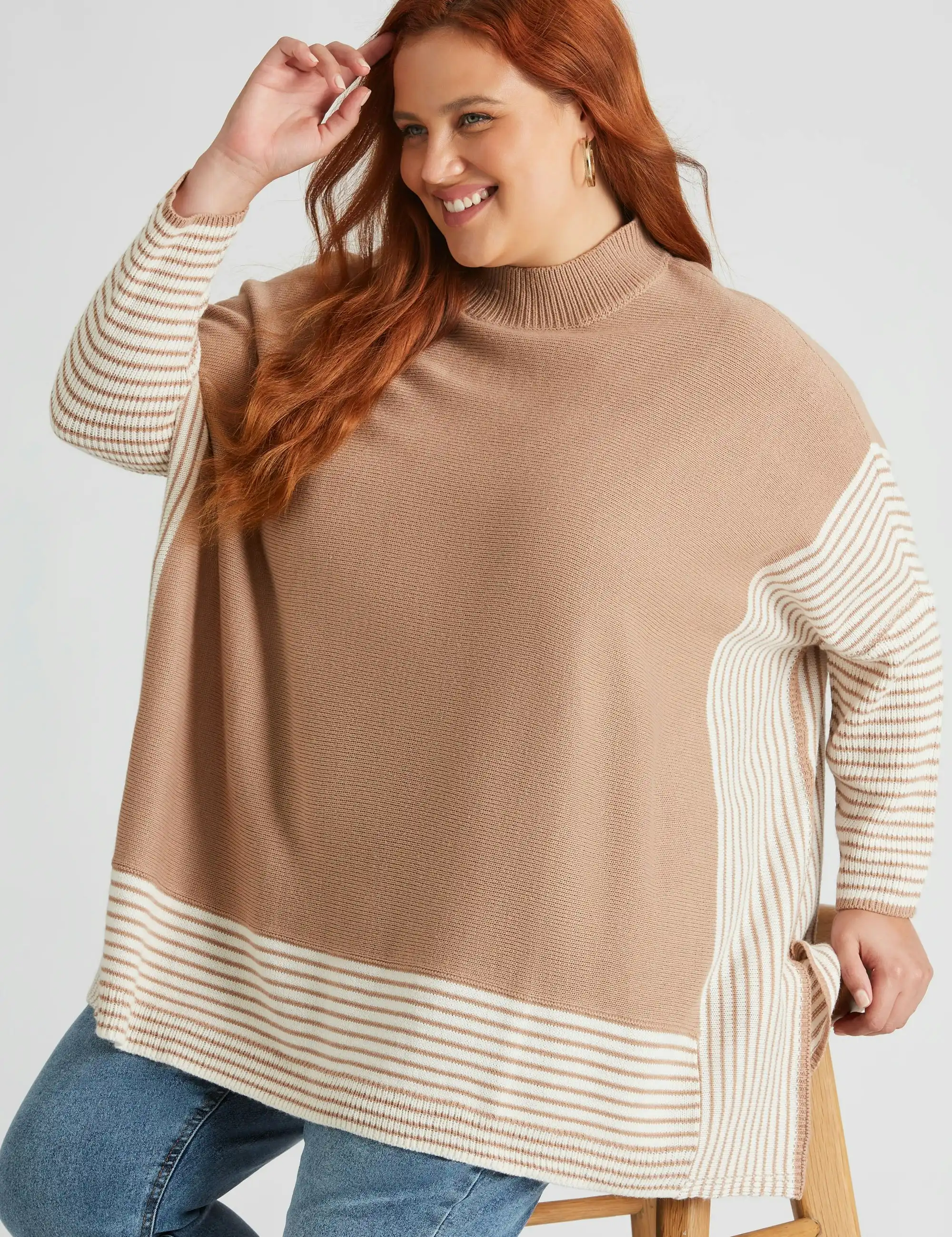 beme Long Sleeve Contrast Stripe Boxy Jumper (Natural)