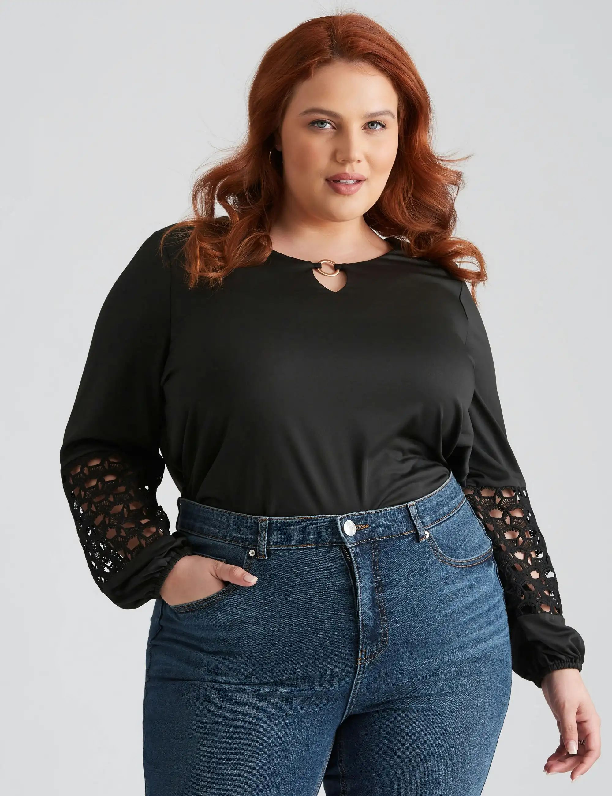 beme Long Sleeve Lace Detail Top (Black Onl)