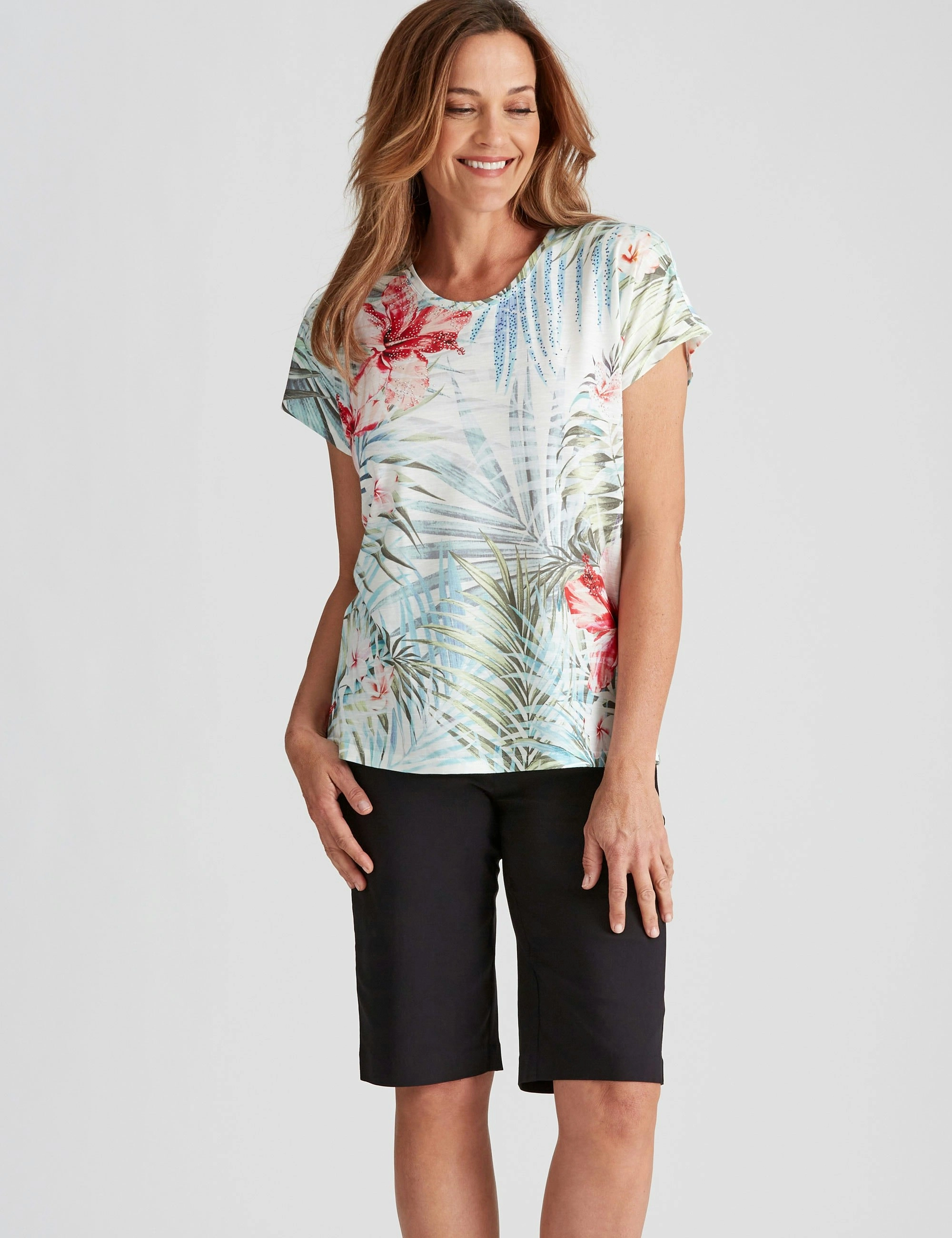 Millers Short Sleeve Printed Scoop Neck Slub Top (Tropical Placement)