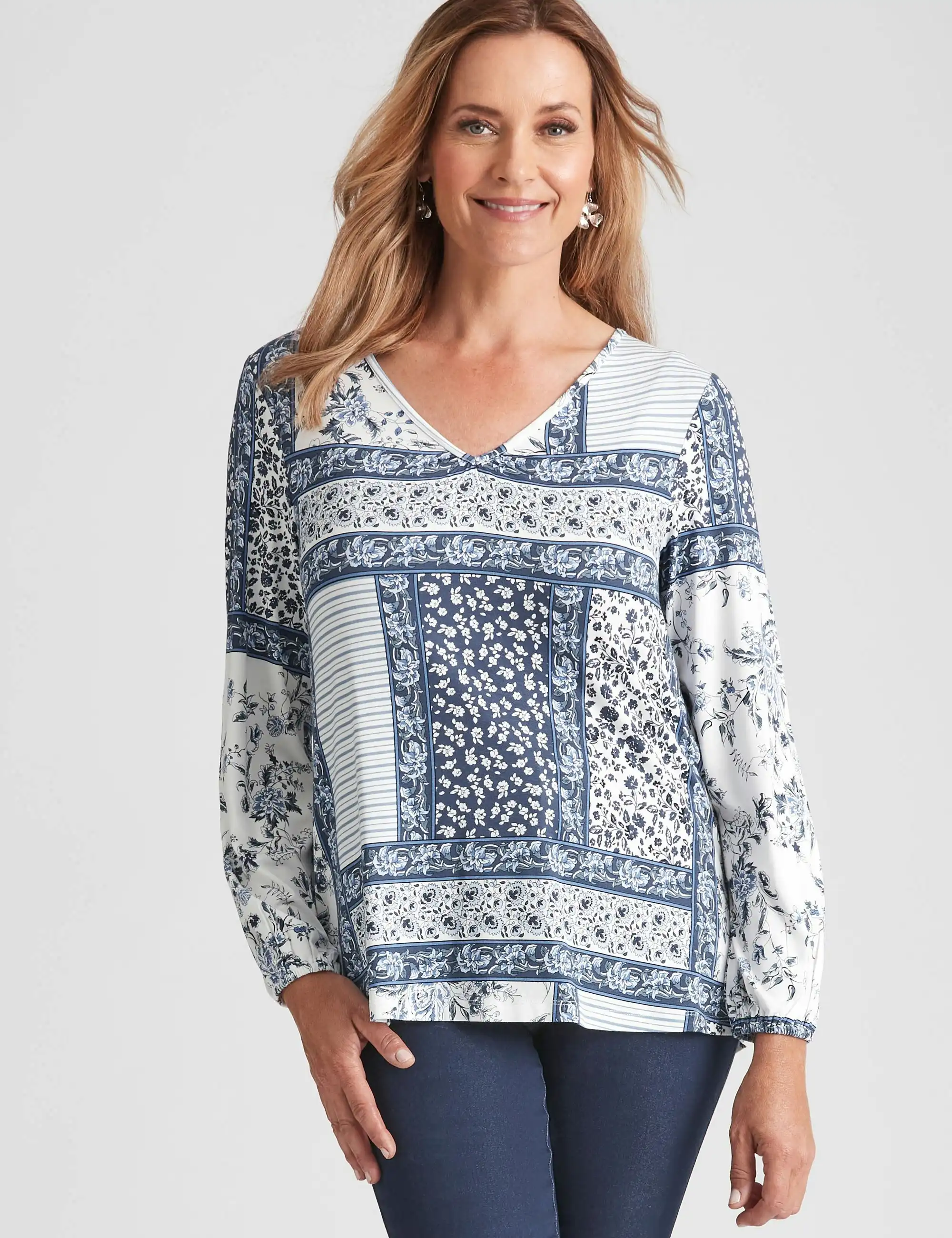 Millers Long Sleeve Print Top (Blue Tile Print)