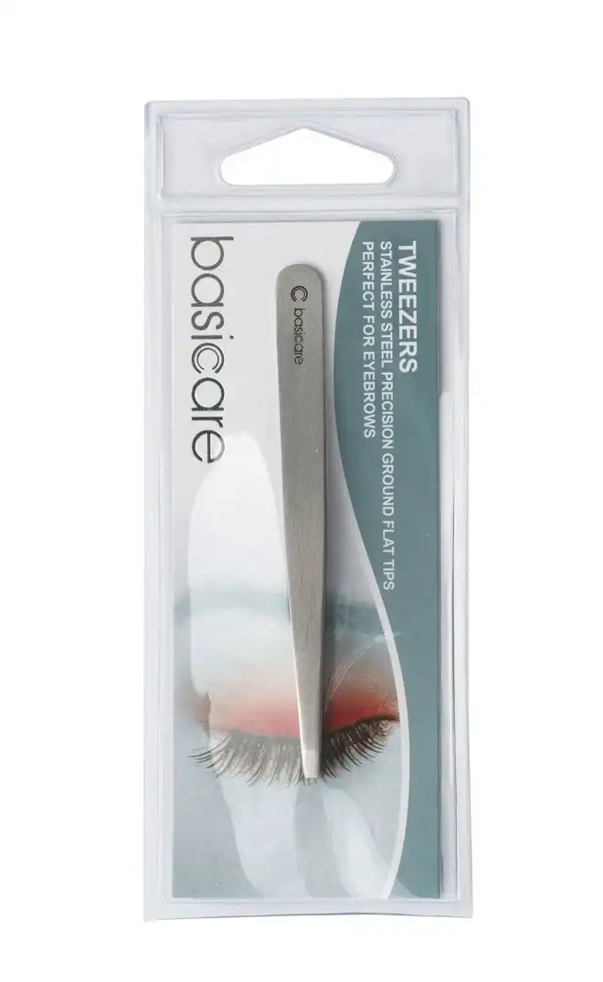 Basicare Tweezers Satin Flat Tip Stainless Steel 9cm