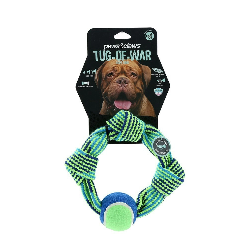 Paws & Claws 25cm Tug-Of-War Dog Squeaky Toy Rope Ring w/ Tennis Ball Blue/Green