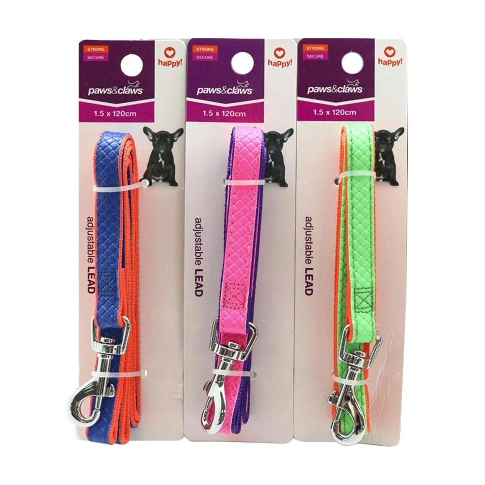 3x Paws & Claws Pet/Dog Adjustable 120cm Colourful P.U & Nylon Leash/Lead Assort