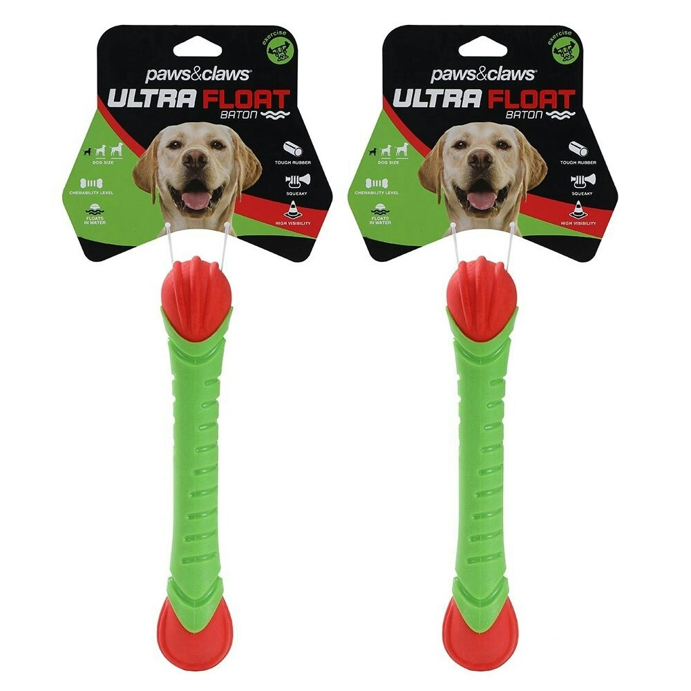 2x Paws & Claws Pet Dog 24cm Ultra Float TPR Baton Toy w/Squeaker Fun Play Green