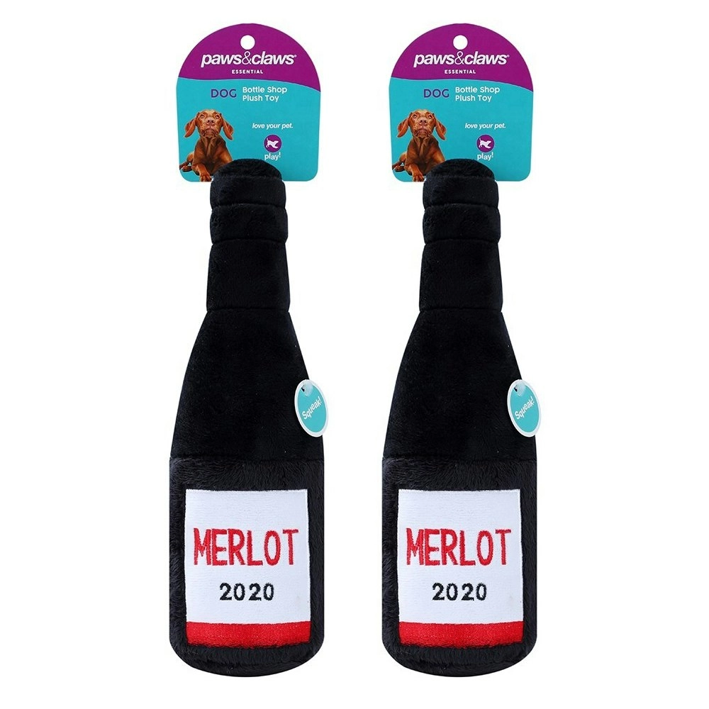 2x Paws & Claws Pet/Dog 31x10cm Merlot Bottle Shop Soft Plush w/Squeaker Toy BLK