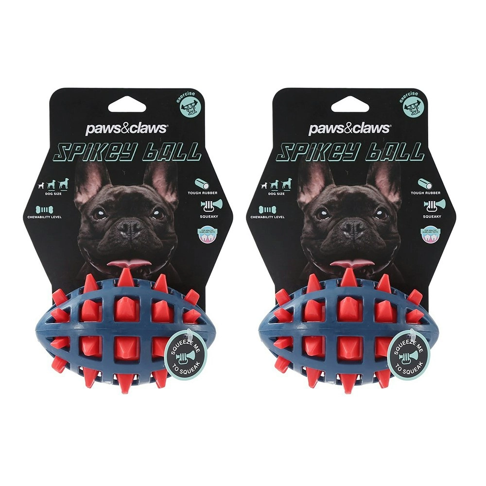 2x Paws & Claws Dog/Pet 10cm Rubber Spikey Football Interactive Toy w/ Squeaker