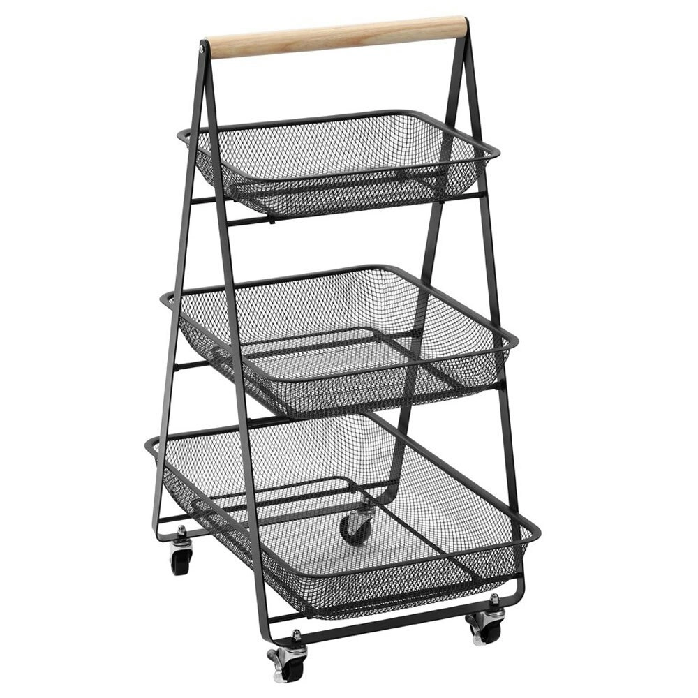 Boxsweden 85cm Mesh 3 Tier Storage Trolley Organiser/Shelf Rack w/Wheels Black