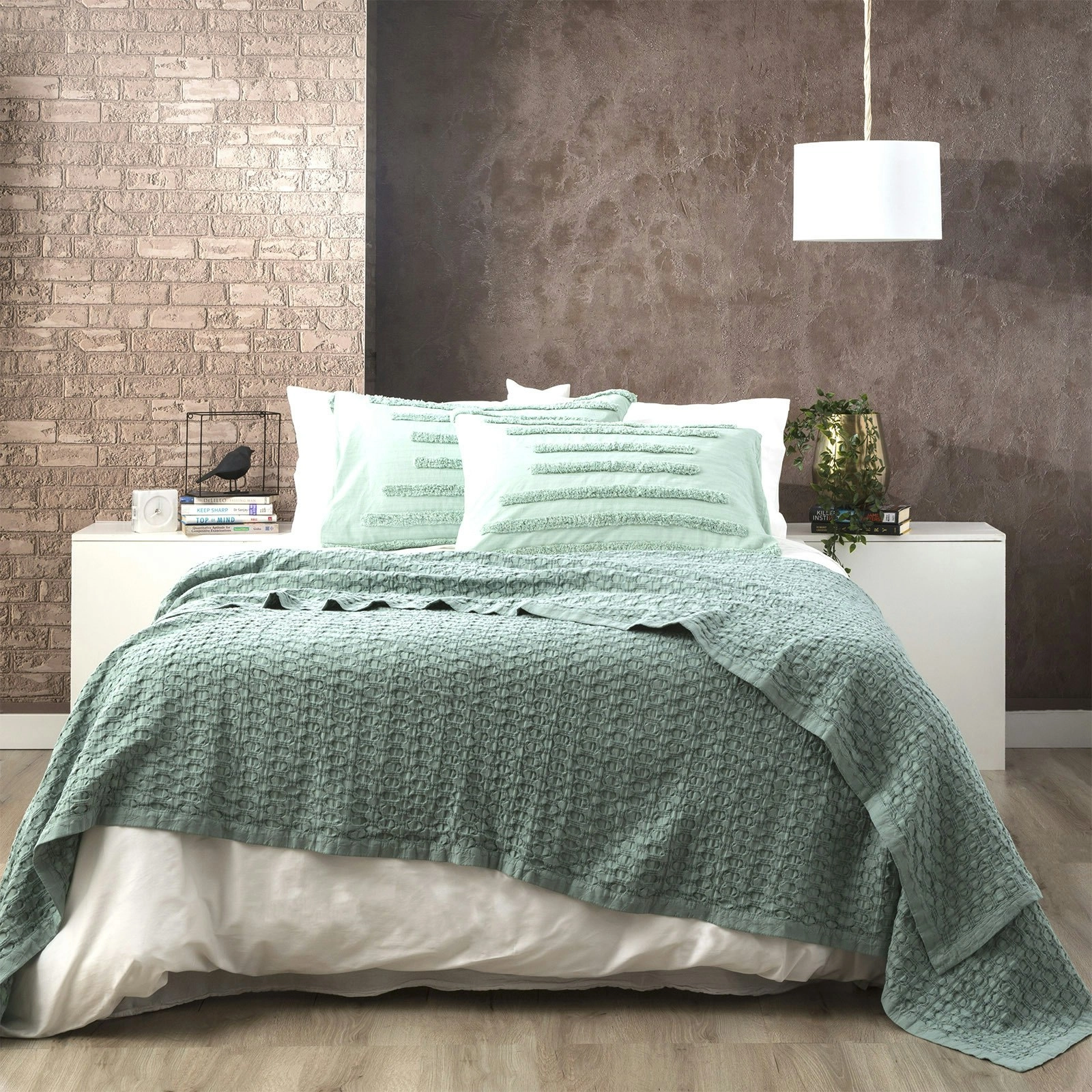 Renee Taylor Lexico Queen/King Waffle Blanket 480GSM Cotton Home Bedding Sage