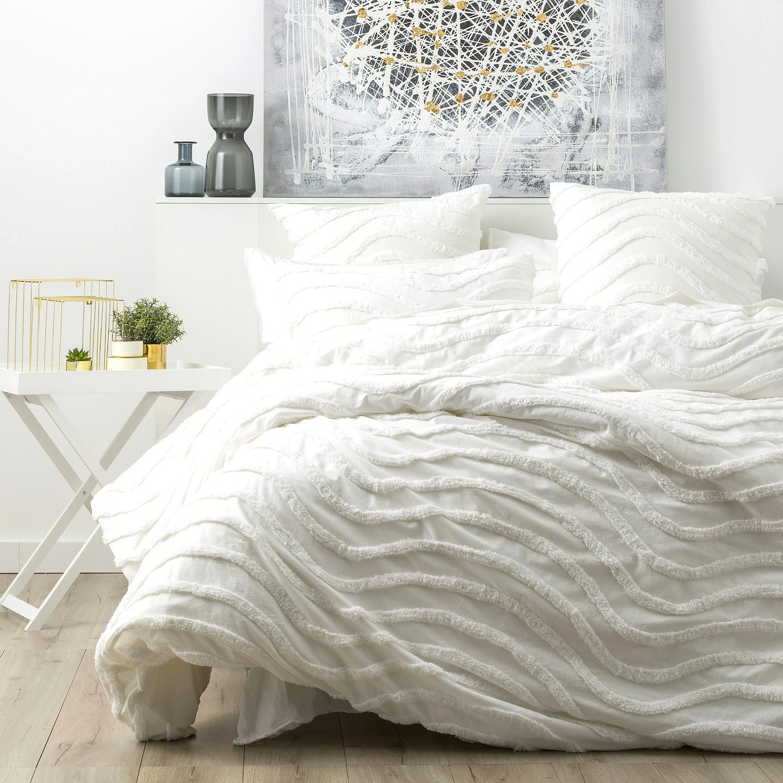 Cloud Linen Wave King Bed Quilt Cover Chenille Vintage Washed Tufted Cotton WHT