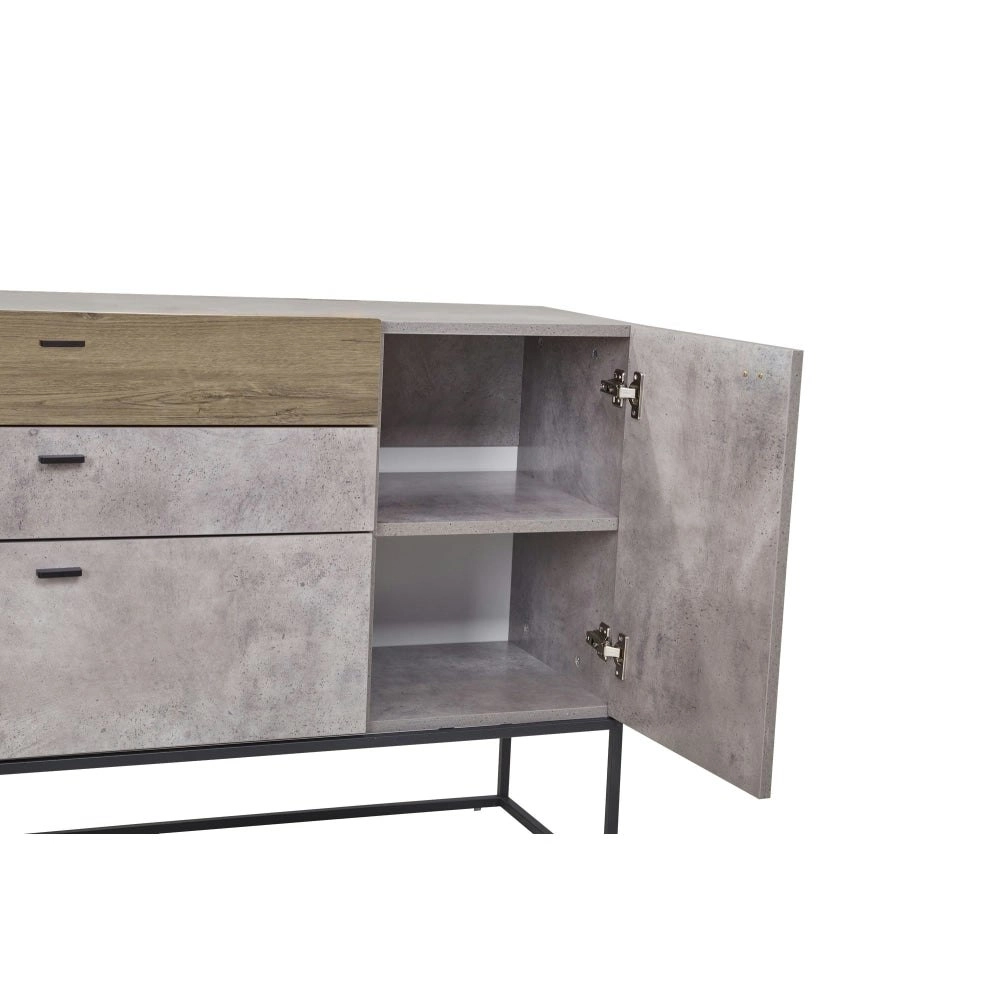 Design Square Dresser Sideboard Buffet Unit With Mirror - Black Metal Legs - Dark Oak / Cement Grey