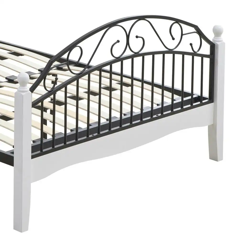 Ashley Single Size Bed Frame Wooden Pole Black Metal Frame - White