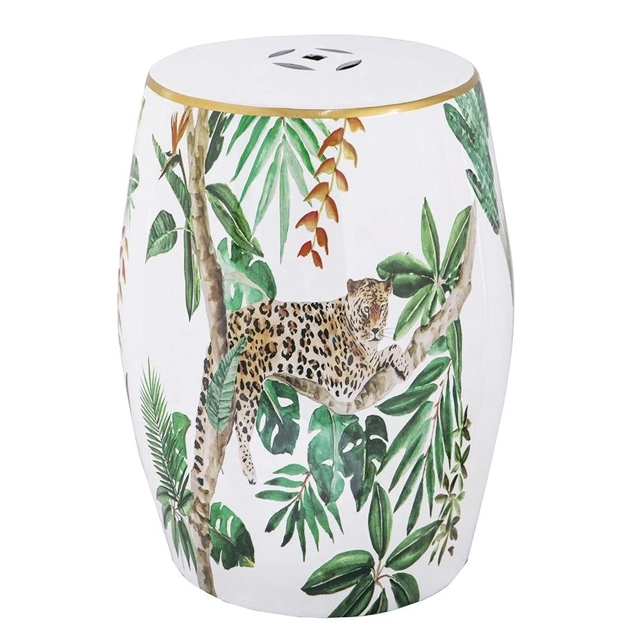 Leopard Jungle Foliage Ceramic Design Stool Side Table White