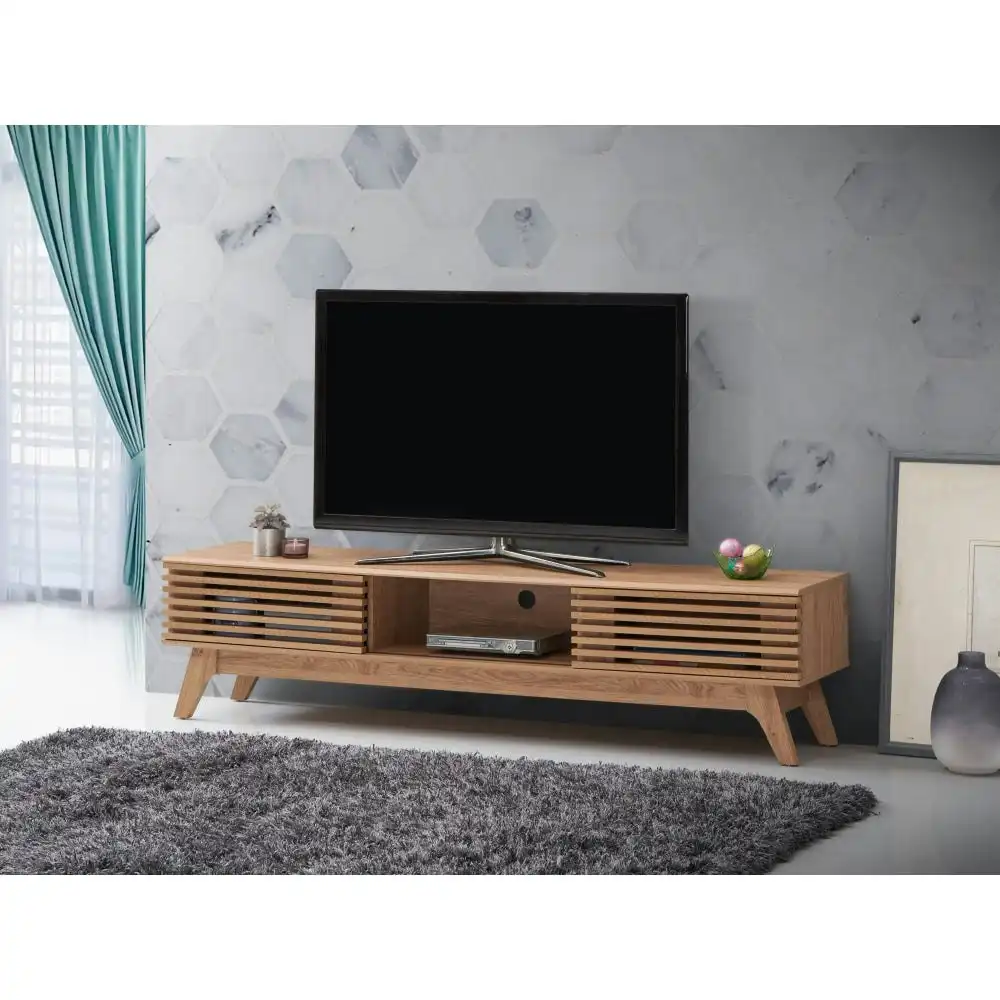 Design Square Camille Wooden Lowline Entertainment Unit TV Stand 180cm W/ 2-Doors - Oak