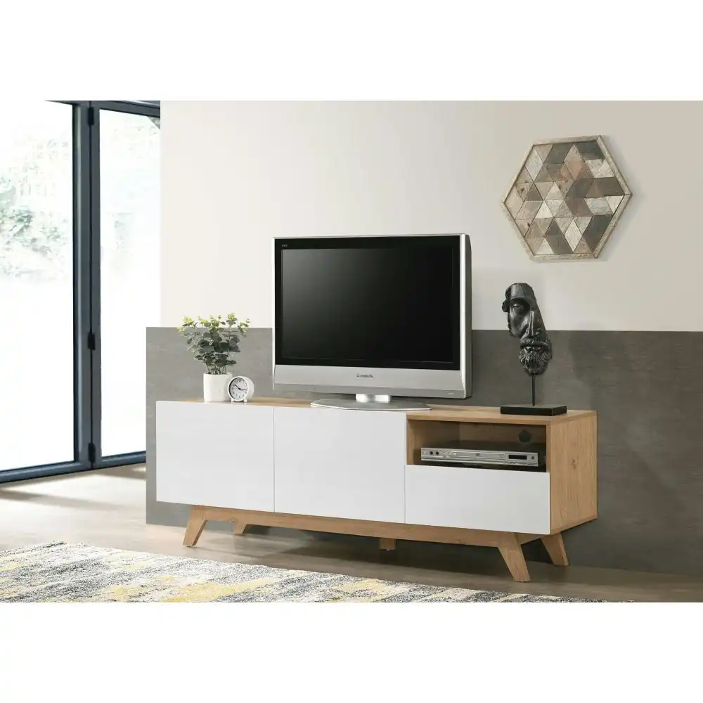 Design Square Romy Lowline Scandinavian Entertainment Unit TV Stand W/ 2-Doors - Oak/White