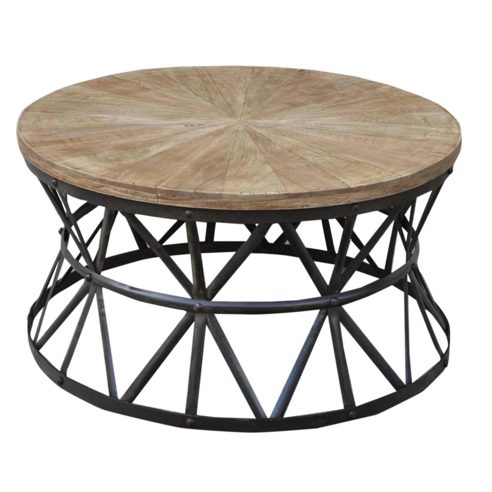 Roger Rustic Industrial Cast Iron Hardwood Top Round Coffee Table