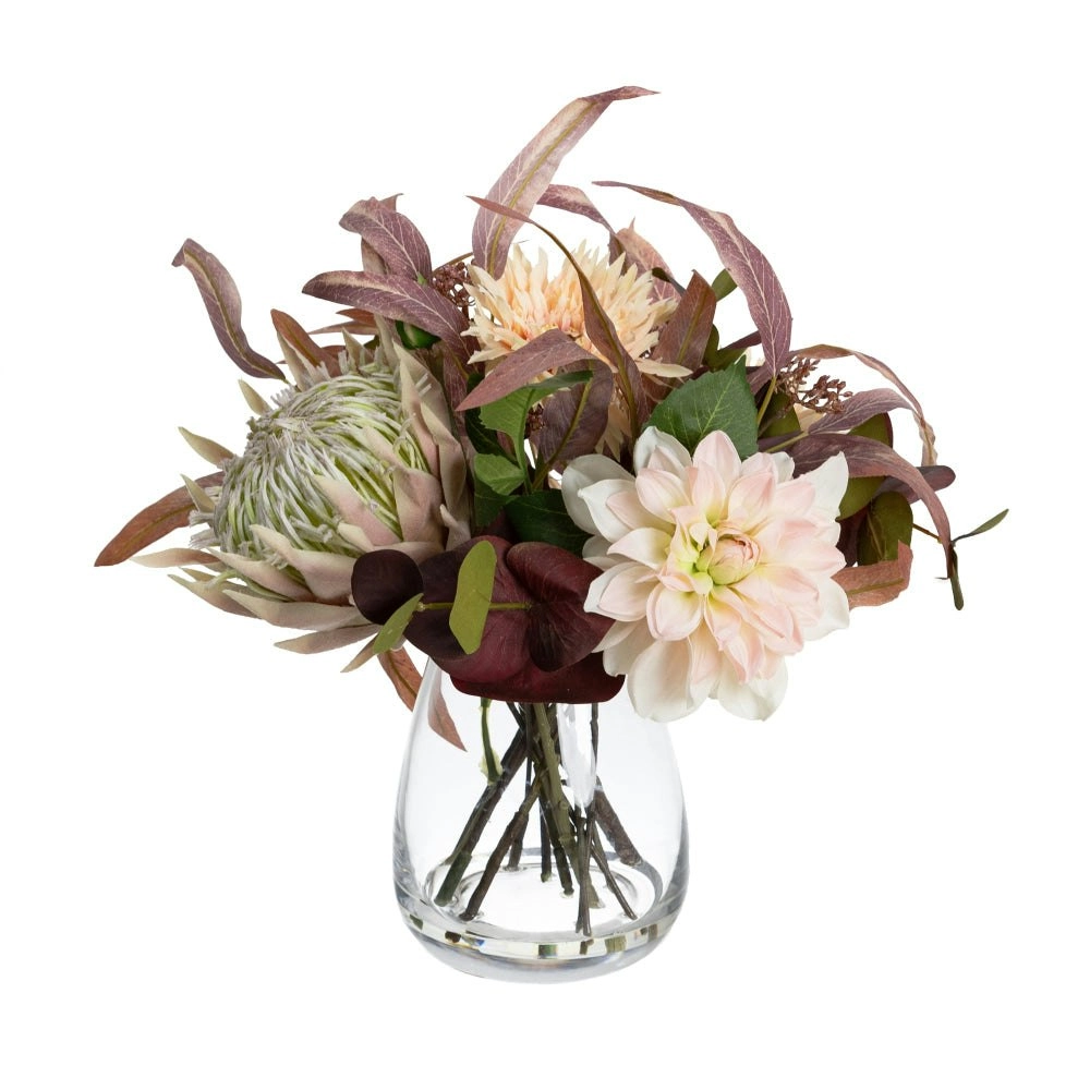 Glamorous Fusion Dusty Pink Dahlia & Protea Mixed Artificial Fake Plant Decorative Arrangement 39cm In Glass