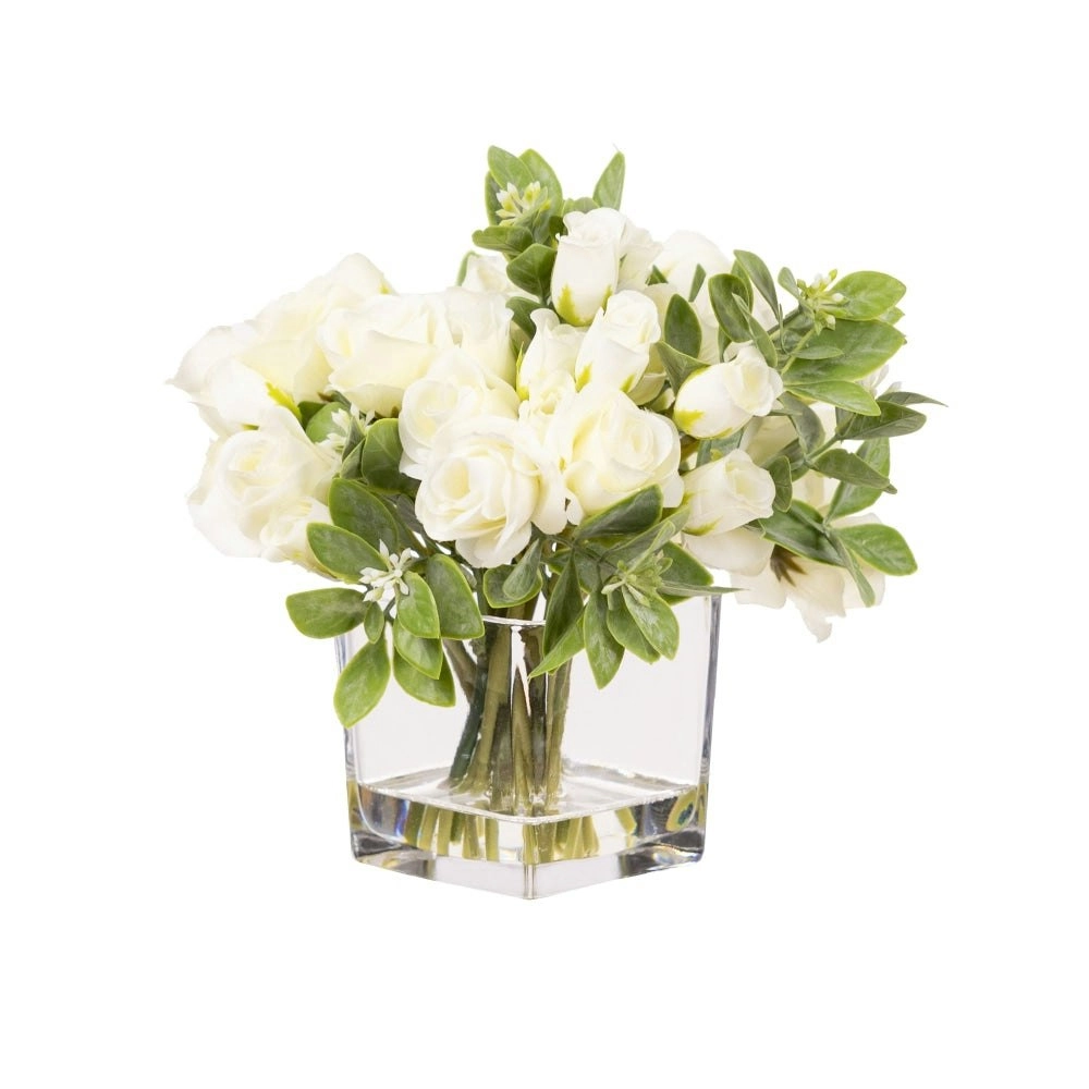 Glamorous Fusion Cream Mini Rose Artificial Fake Plant Decorative Arrangement 20cm In Glass