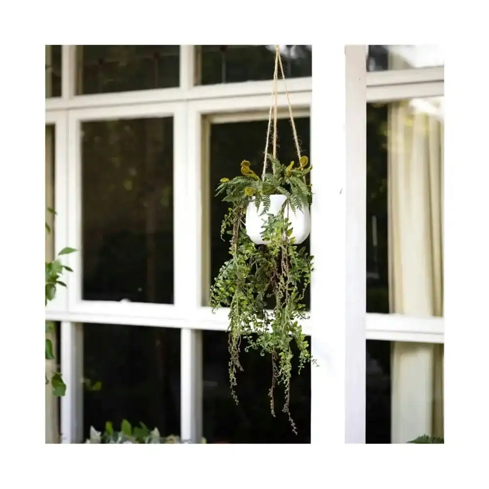 Glamorous Fusion Barker Fern Artificial Fake Hanging Plant Decorative 87cm In Pot - Green