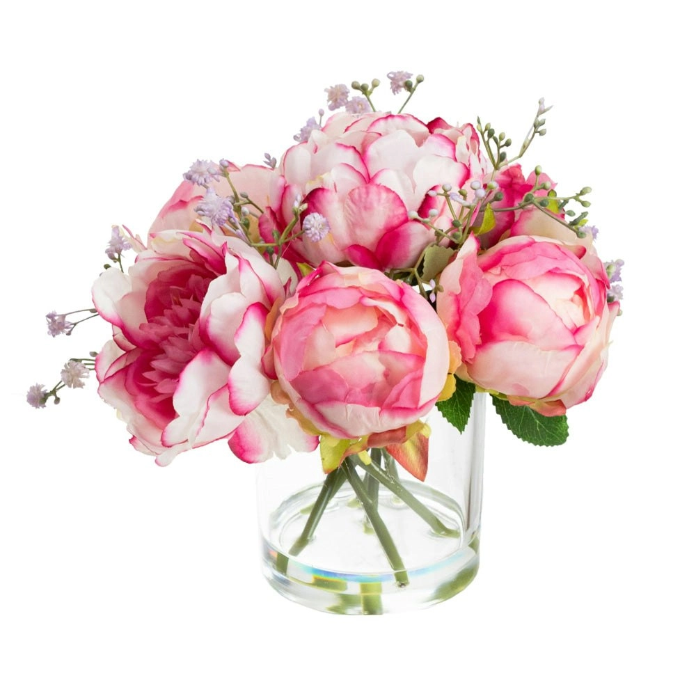 Glamorous Fusion Lilac Peony Rose  Artificial Fake Plant Decorative Arrangement 25cm In Glass