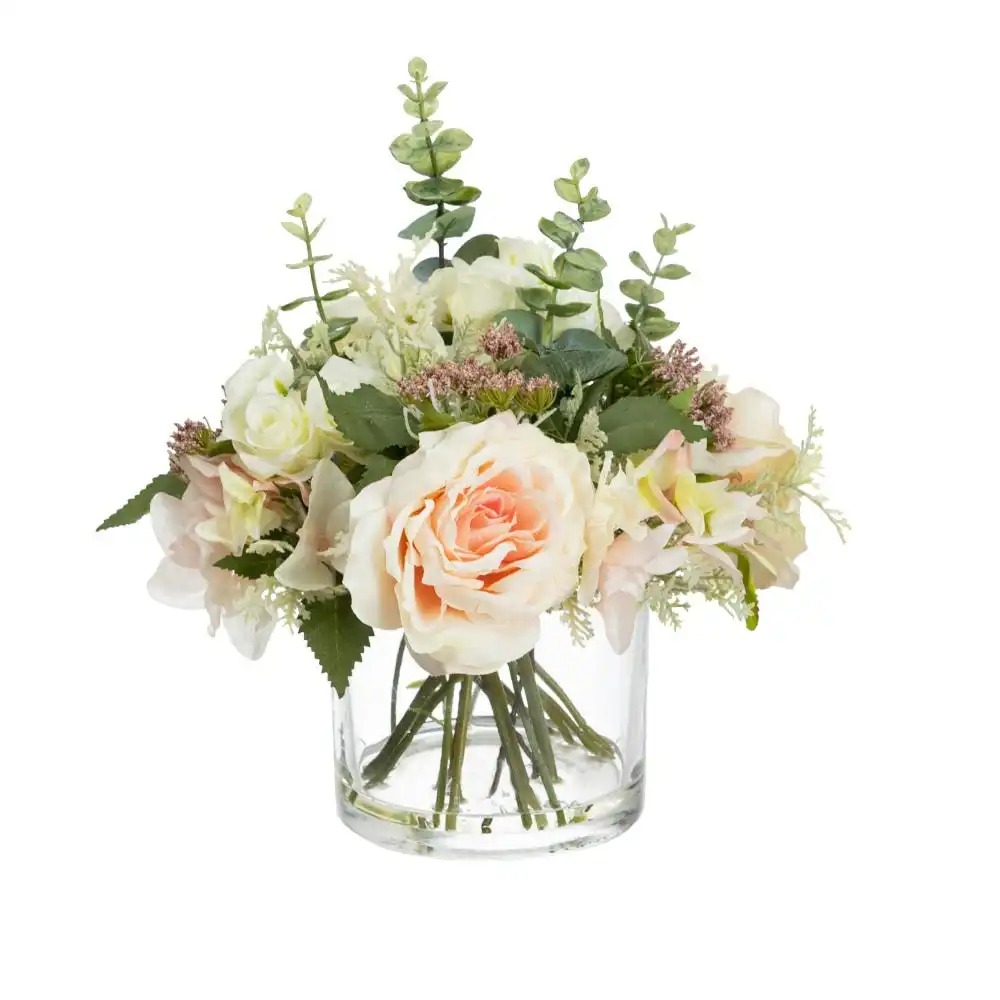 Glamorous Fusion Rose & Ranunculus Mixed Artificial Fake Plant Decorative Arrangement 30cm In Glass