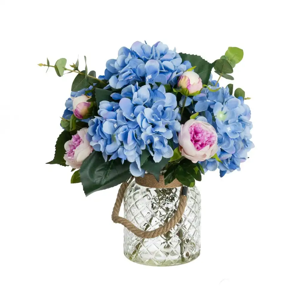 Glamorous Fusion Blue Hydrangea & Peony Mixed Artificial Fake Plant Decorative Arrangement 38cm In Maison Jar