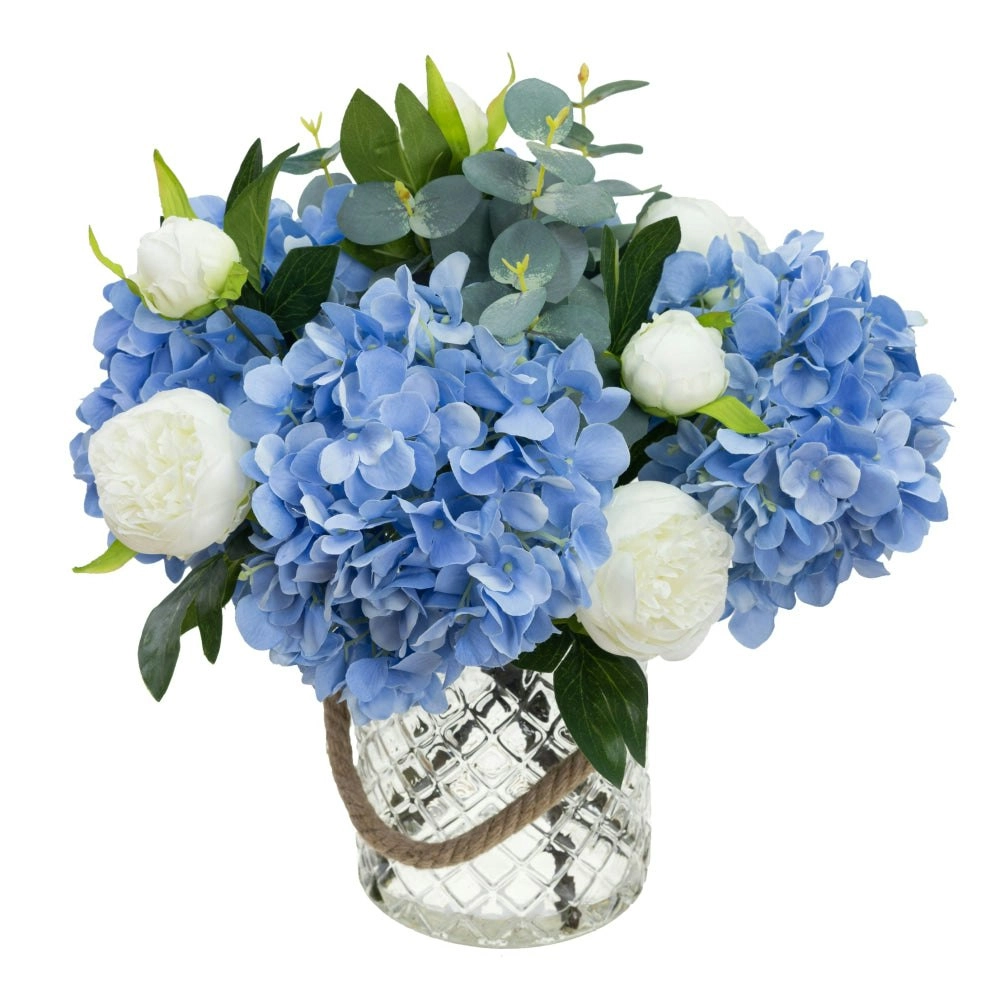 Glamorous Fusion Blue Hydrangea & Peony Mixed Artificial Fake Plant Decorative Arrangement 38cm In Maison Jar