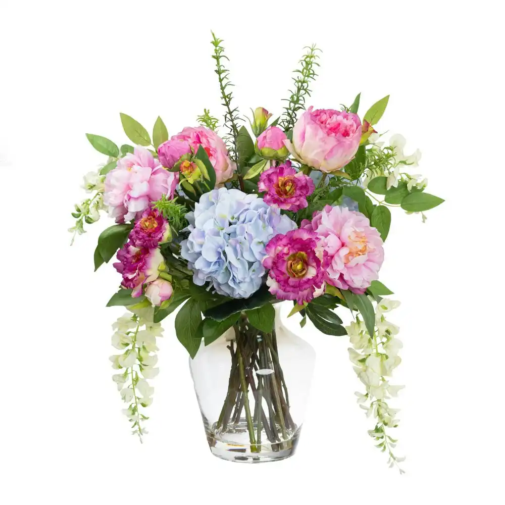 Glamorous Fusion Hydrangea, Peony & Wisteria Mixed  Artificial Fake Plant Decorative Arrangement 56cm In Glass