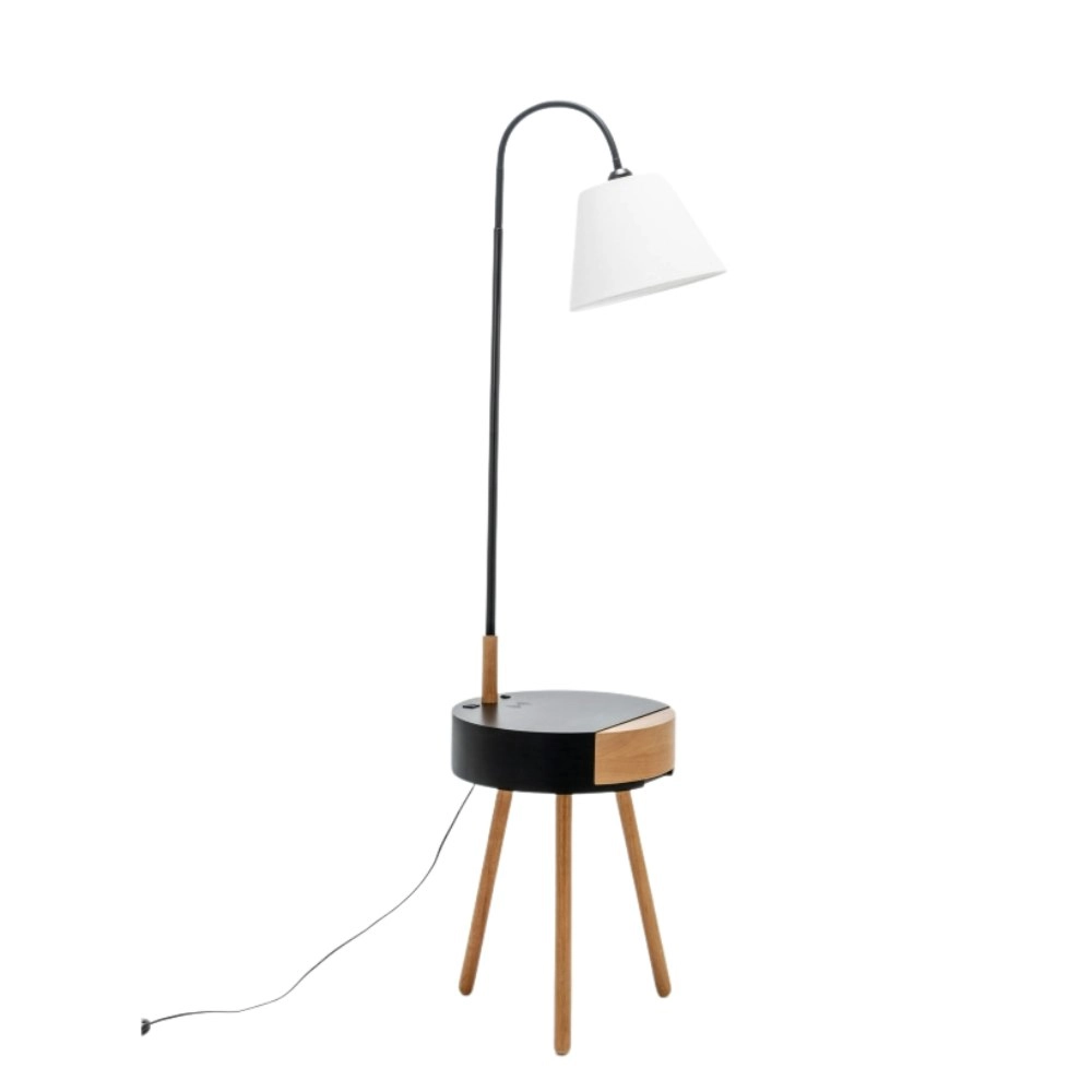 New Oriental Zoltan Rubberwood Floor Lamp On Side Table Linen Shade W/ USB Port Charging - Off White/Black