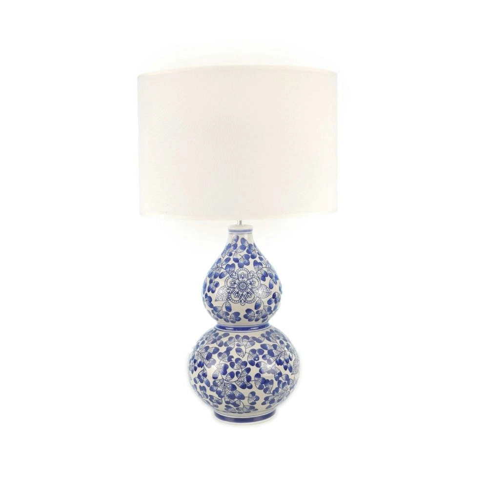 Maya Blue Ceramic Oriental Table Lamp Light Linen Shade White