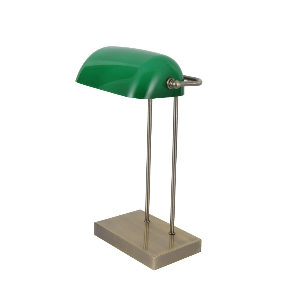 Mark Table Desk Lamp W/ USB Charger Antique Brass Metal Base Green Glass Shade