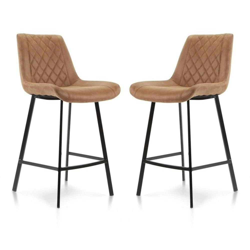 Raimon Furniture Set of 2 Fin Fabric Suede Kitchen Counter Bar Stool Black Metal Legs 66cm - Cognac