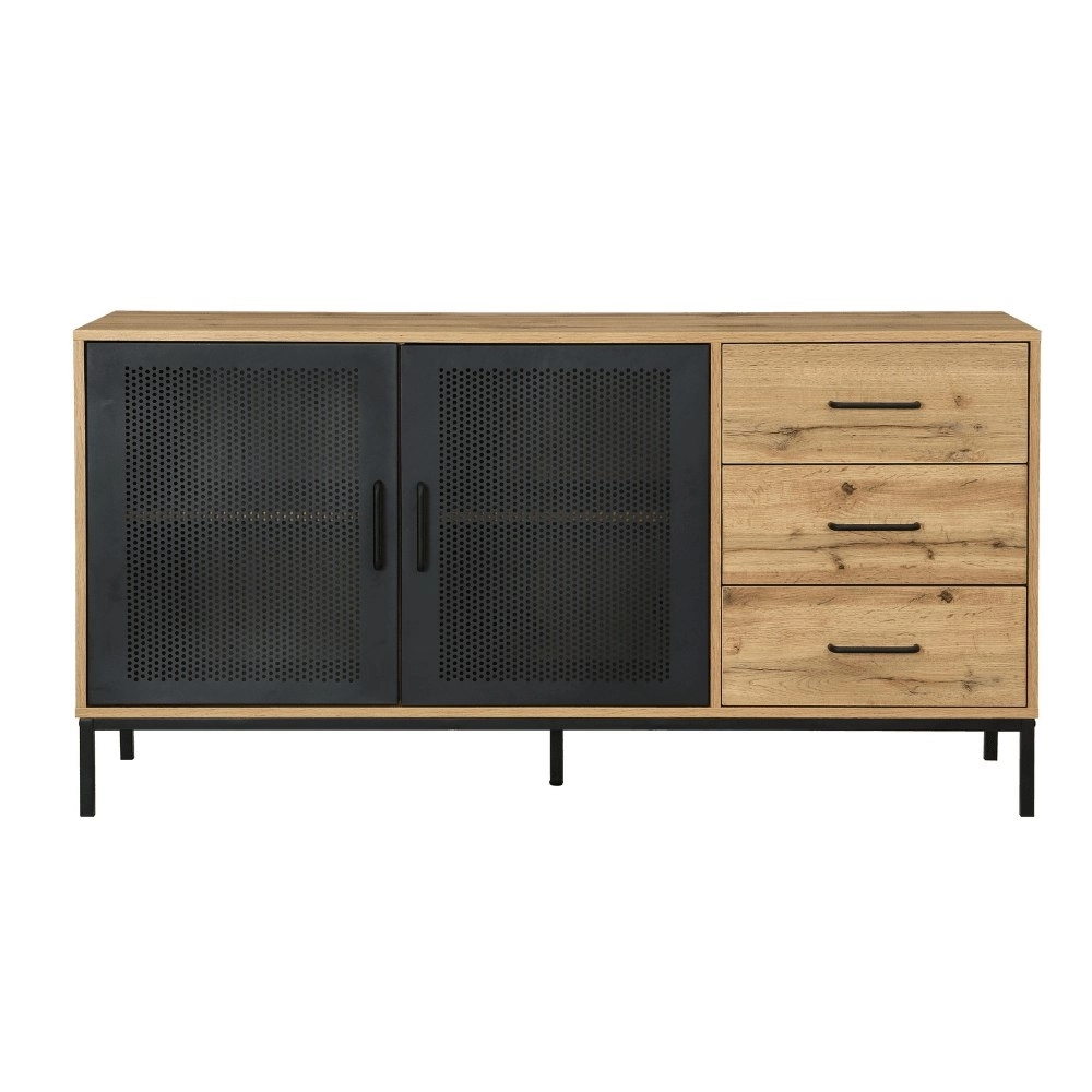 Design Square Nia Buffet Unit Sideboard Storage Cabinet W/ 2-Doors 3-Drawers - Oak/Black