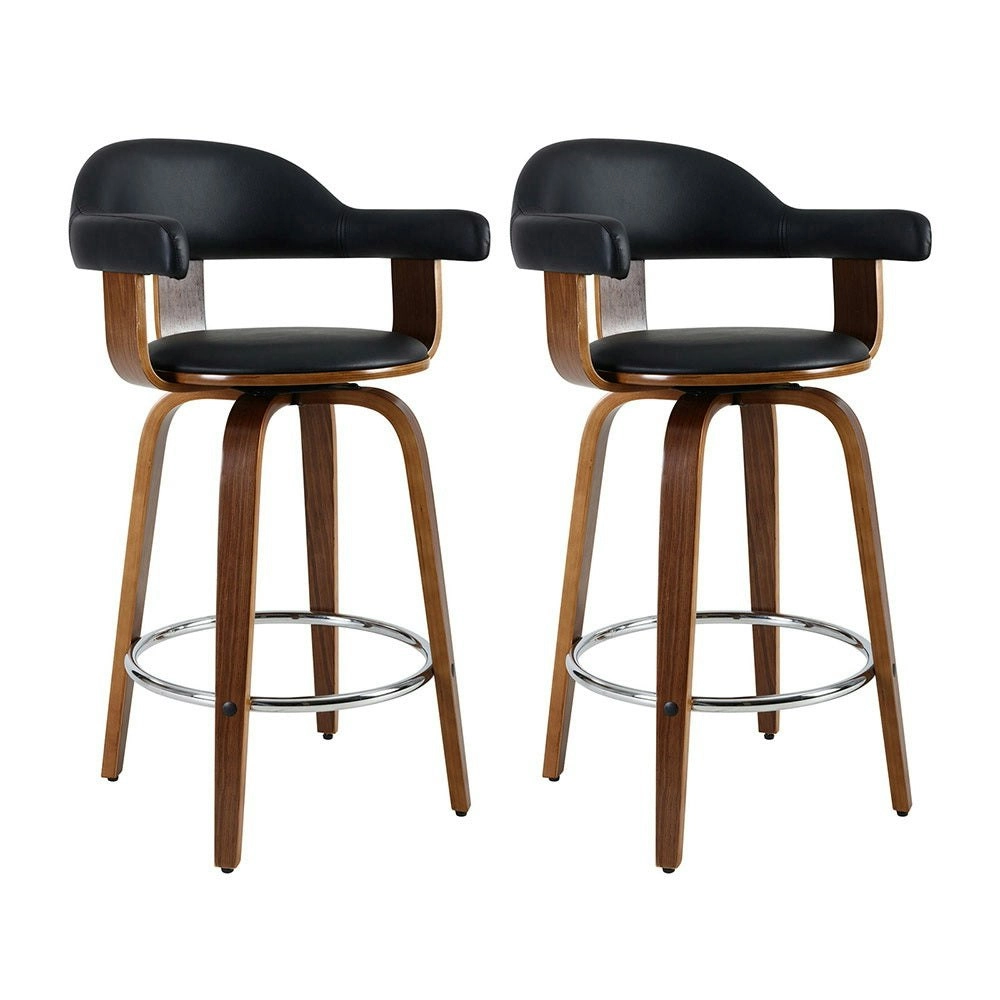 Set of 2 Bar Stools PU Leather Wooden Swivel - Wood, Chrome and Black