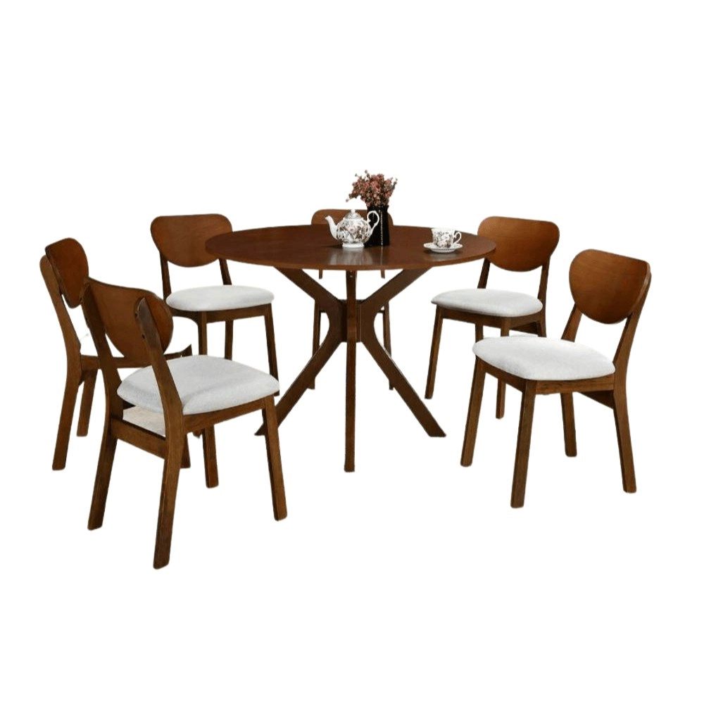 Design Square 5Pc Dining Set Round Dining Table 105cm With 4 Dining Chairs - Walnut / Beige