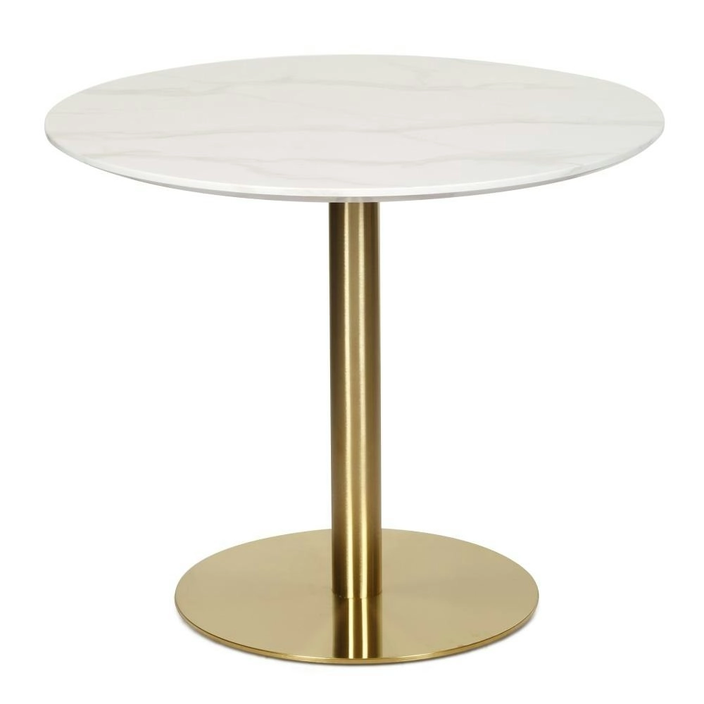 Raimon Furniture Elskar Round Dining Table With Marble Effect 90cm - Gold Metal Frame - White Agaria