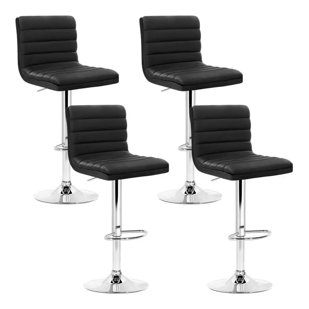 Set of 4 PU Leather Lined Pattern Bar Stools- Black and Chrome