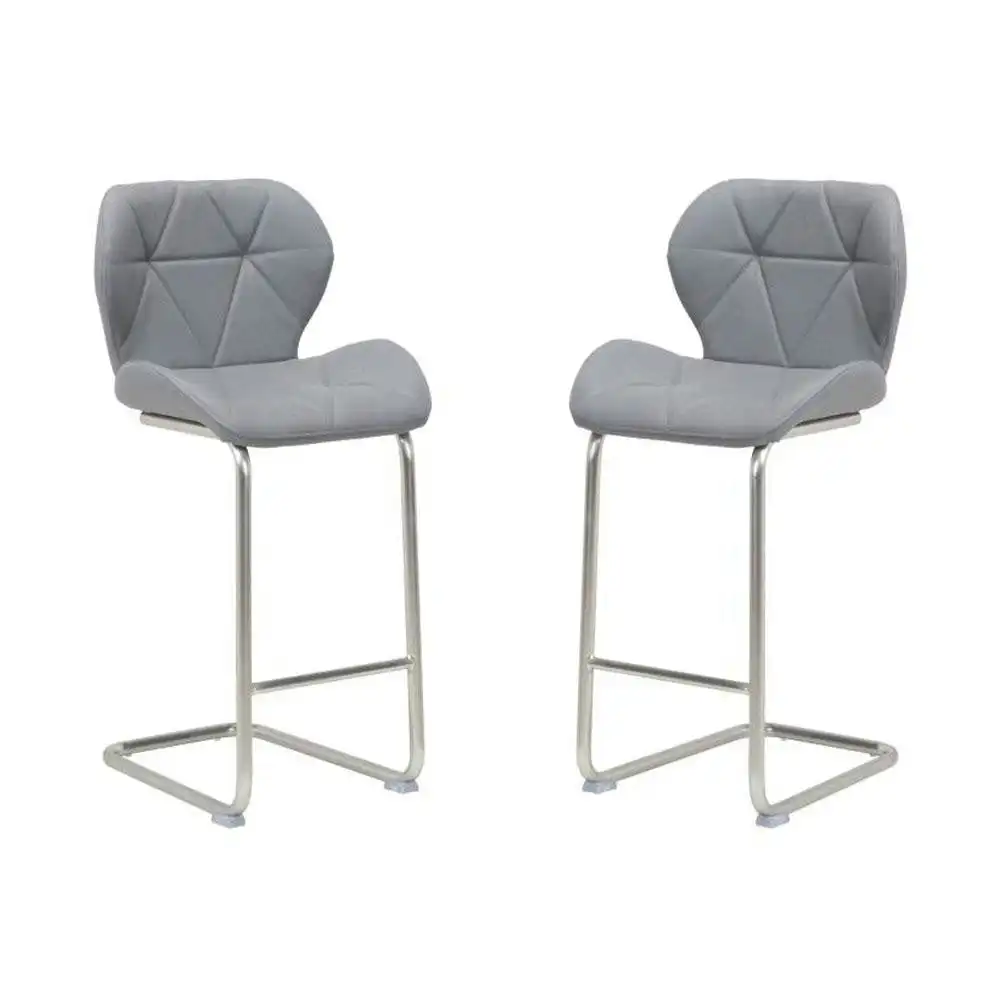 Set of 2 Terry Faux Leather Bar Stool 66cm - Brused Stainless Legs - Grey