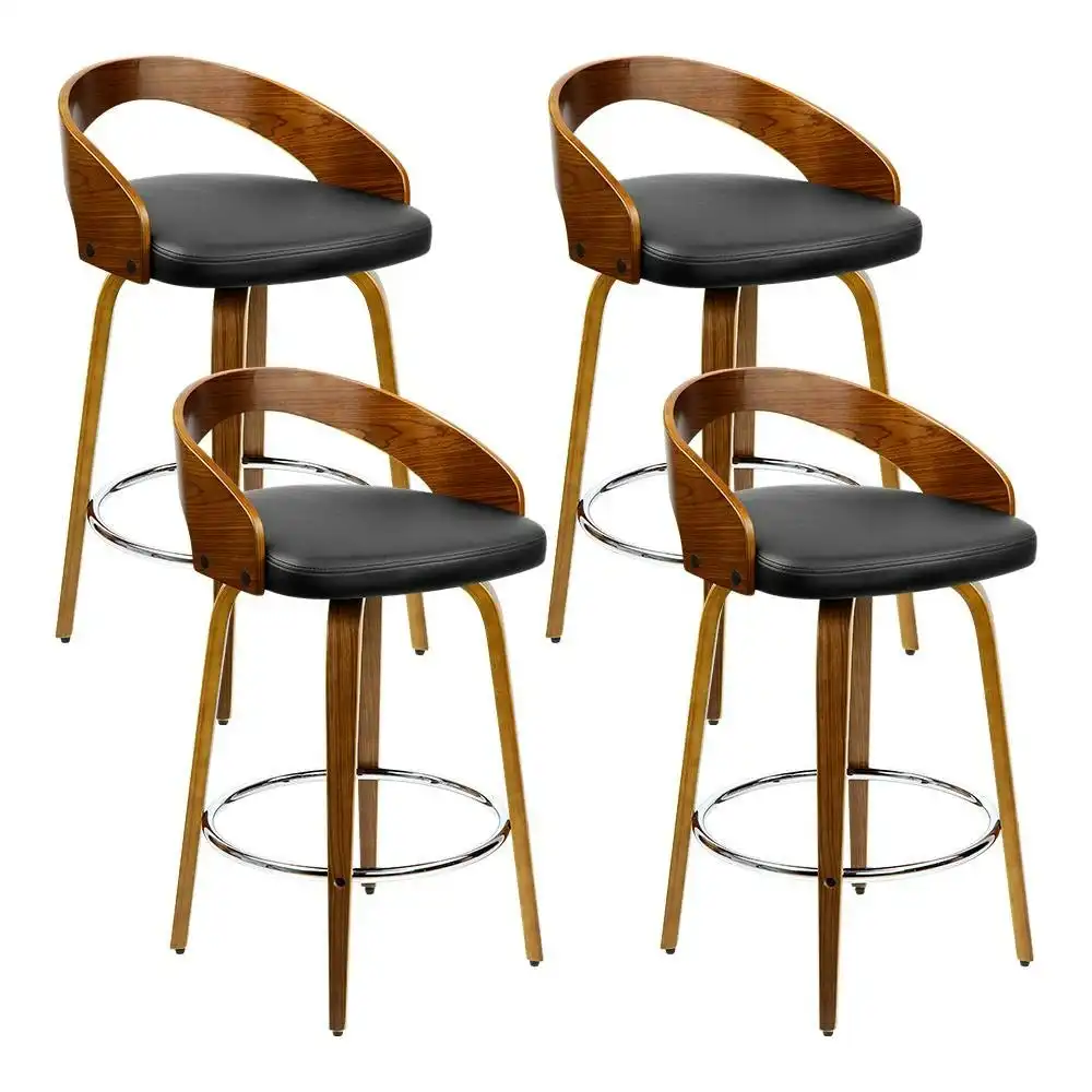 Set of 4 Walnut Wood Bar Stools - Black and Brown