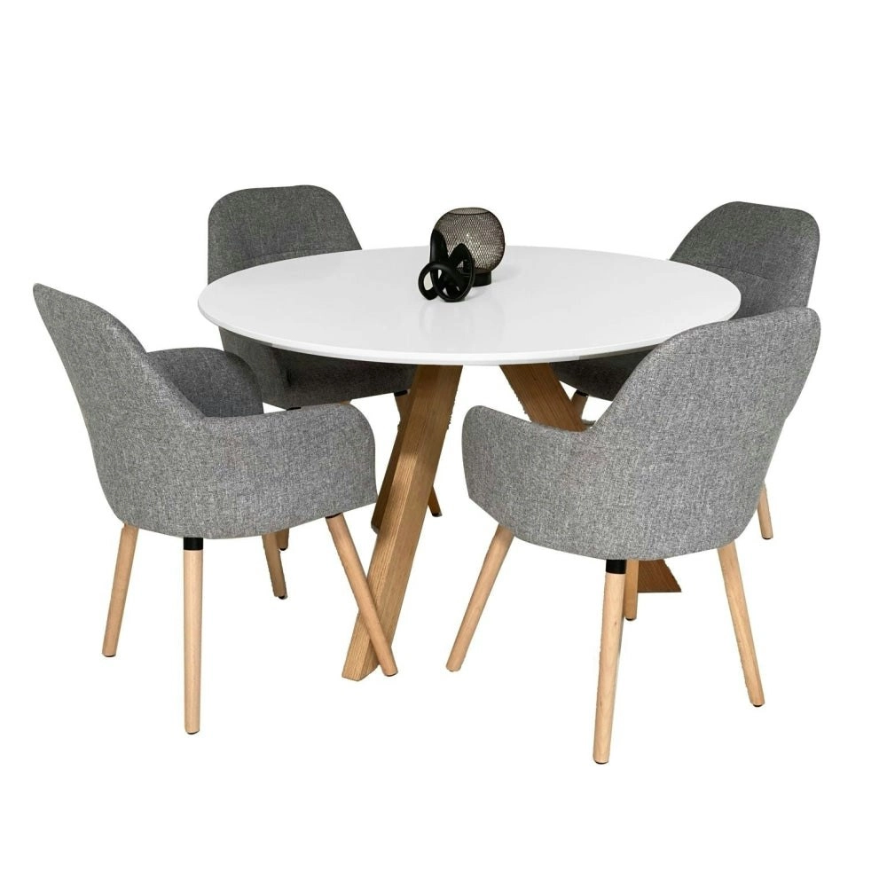 HomeStar 5Pc Dining Set Morrison Round Dining Table 120cm W/ 4 Pc Milan Fabric Dining Chairs Grey