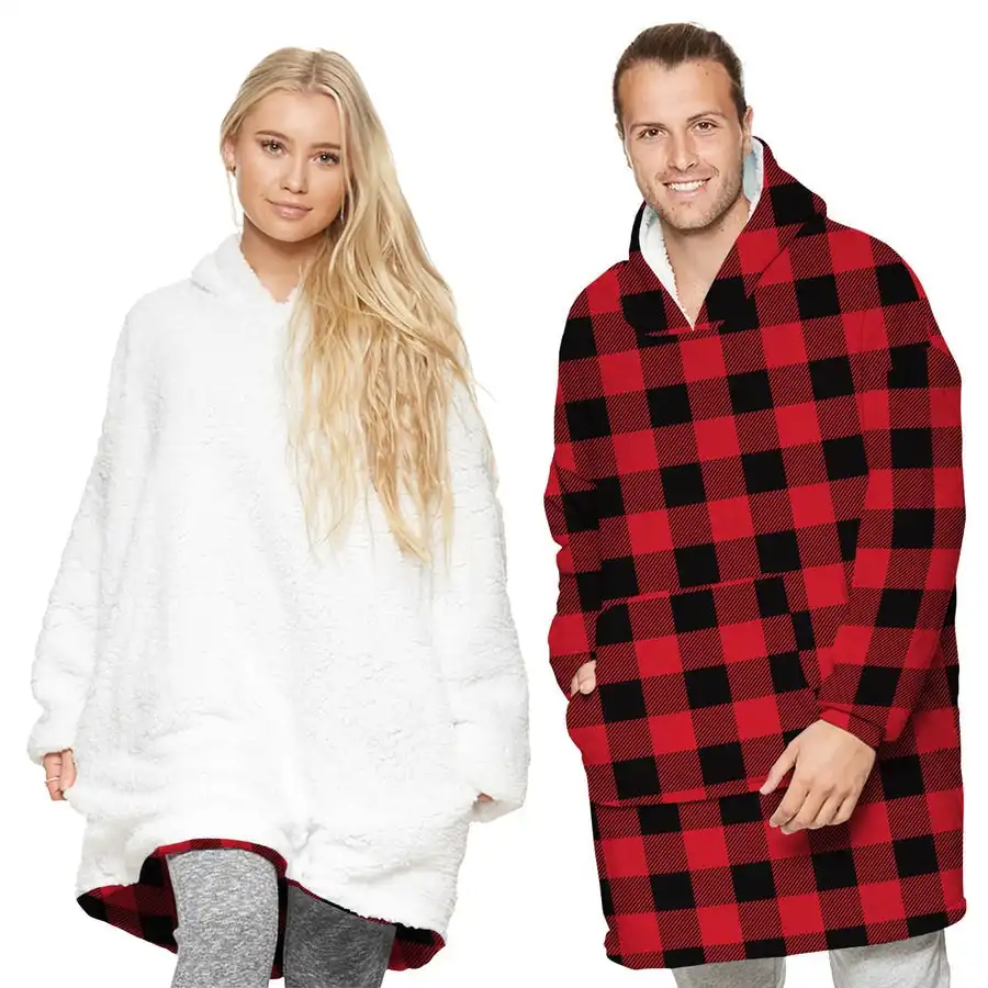 Tarramarra® Reversible Hoodie Blanket Unisex Black and Red Check