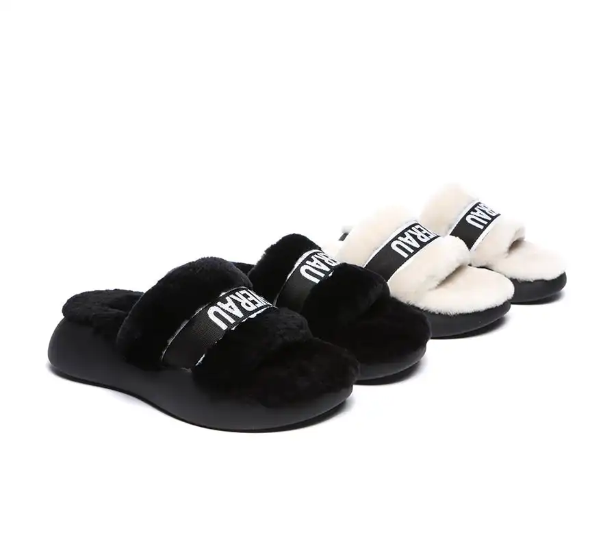 EVERAU High Platform Sheepskin Wool Slides Women Flossy Slipper