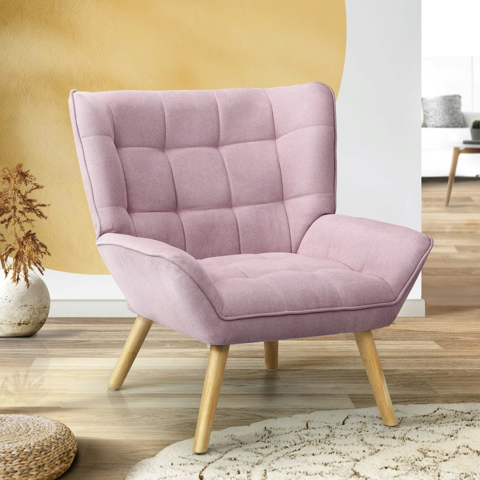 Oikiture Armchair Accent Chairs Sofa Lounge Fabric Upholstered Tub Chair Pink