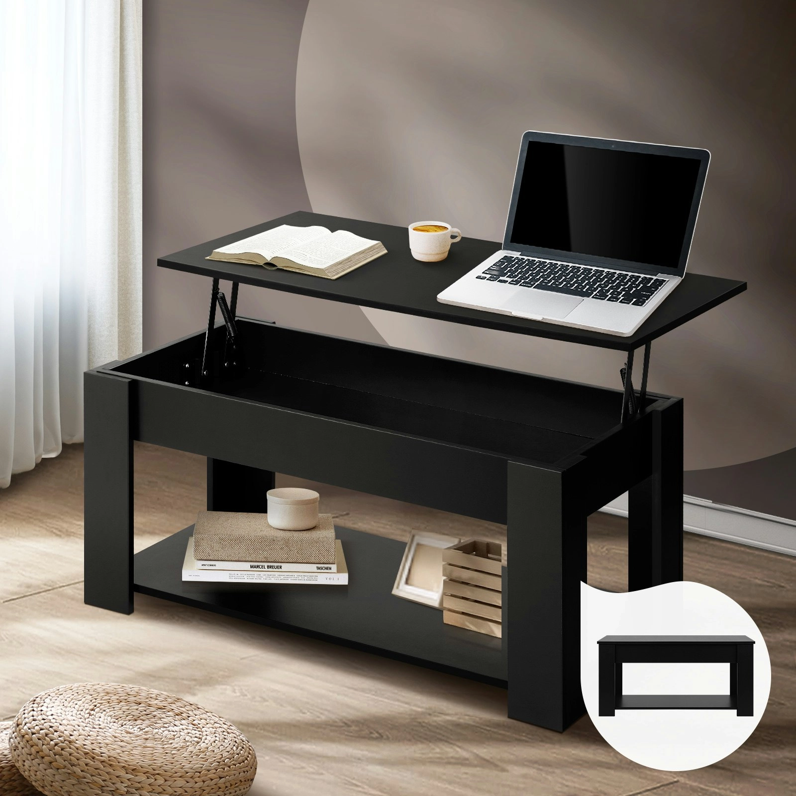 Oikiture Coffee Table Lift Up Top Modern Tables Hidden Book Storage Black