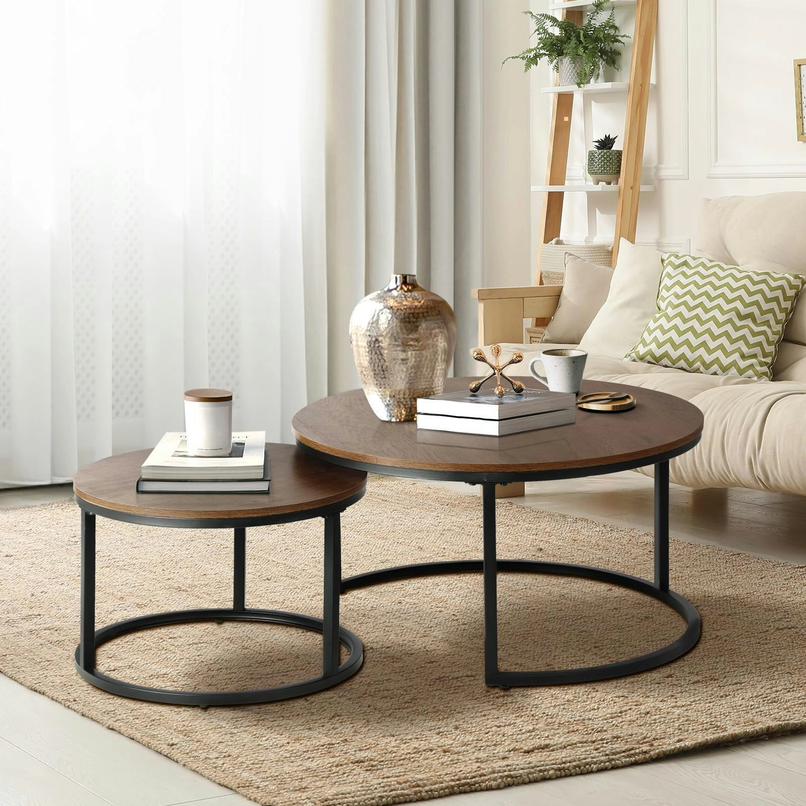 Oikiture Set of 2 Coffee Table Round Nesting Side End Table Walnut & Black