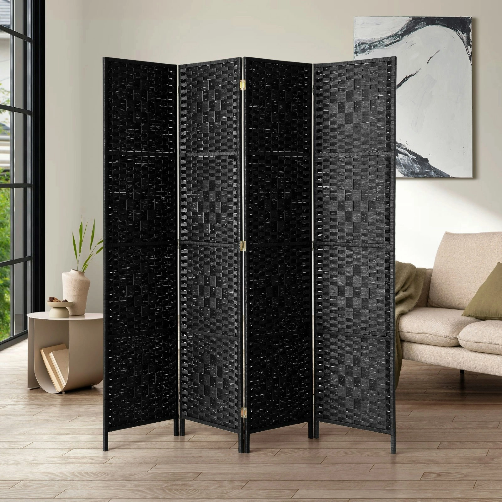 Oikiture 4 Panel Room Divider Screen Privacy Dividers Woven Wood Folding Black