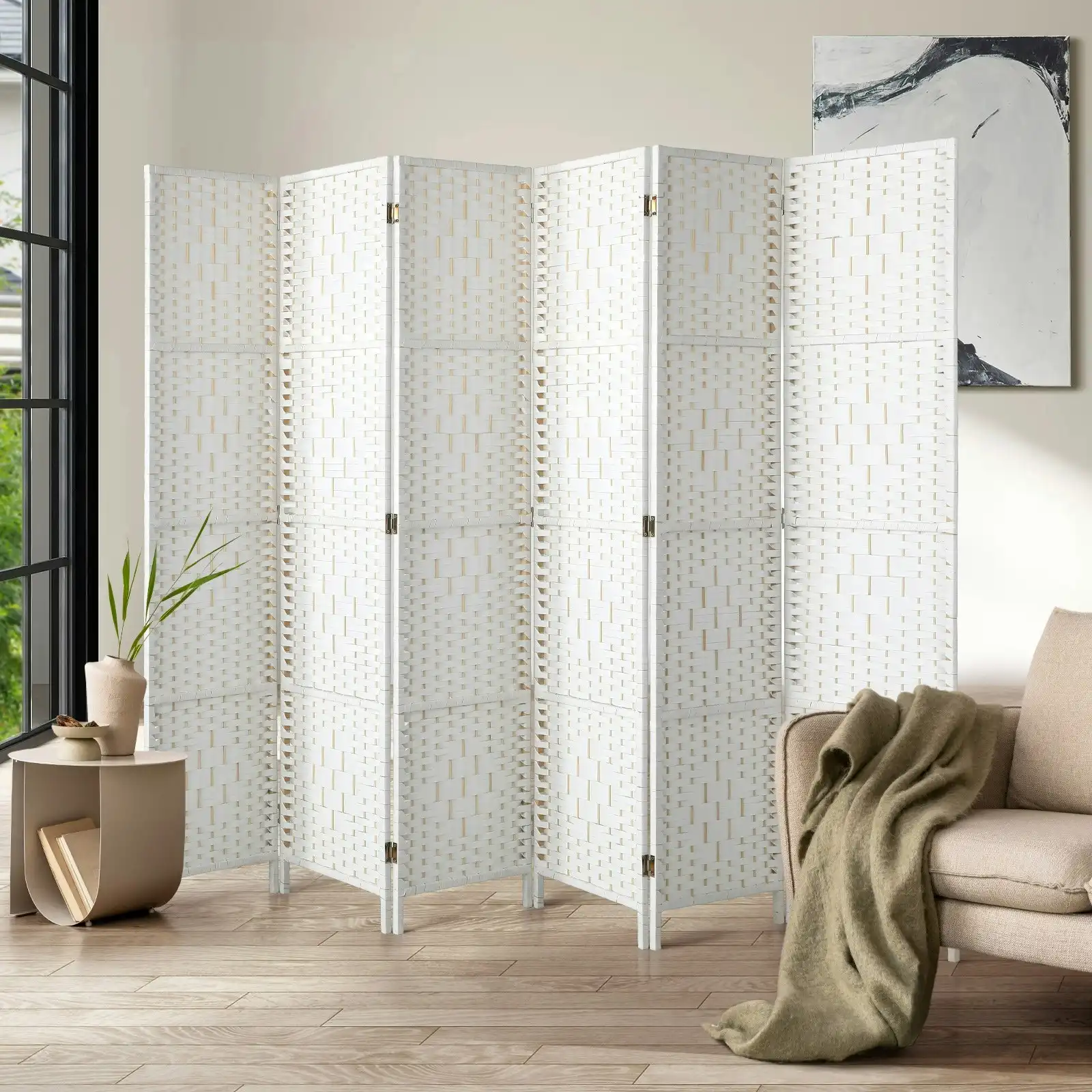 Oikiture 6 Panel Room Divider Screen Privacy Dividers Woven Wood Folding White