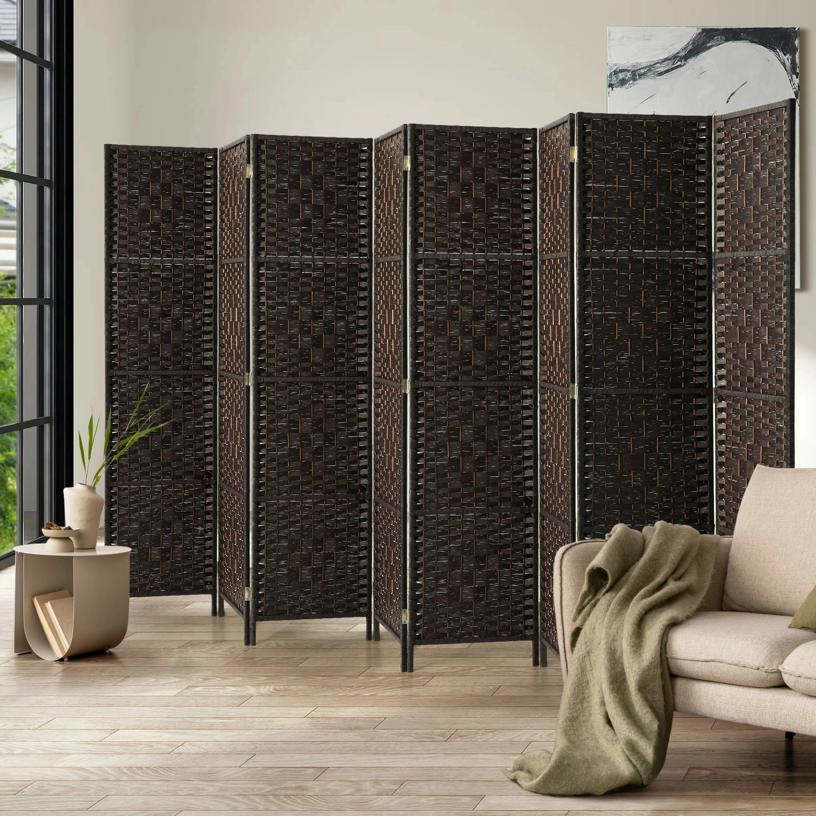 Oikiture 8 Panel Room Divider Screen Privacy Dividers Woven Wood Folding Brown